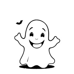 Obraz premium Happy Ghost: A cheerful monochrome illustration depicts a smiling ghost with outstretched arms, accompanied by a small bat, creating a playful Halloween vibe.
