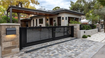 Modern house with stylish black gate and elegant exterior. Beautiful patio gardens invite you in. Perfect for real estate or home design inspiration. Showcases contemporary architecture. AI