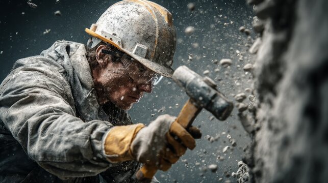 Construction worker hitting concrete with a hammer, creating dust and working hard
