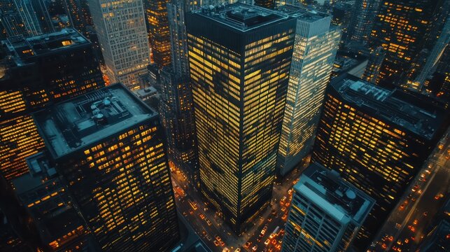 Aerial view of glowing skyscrapers in a dense city at night.