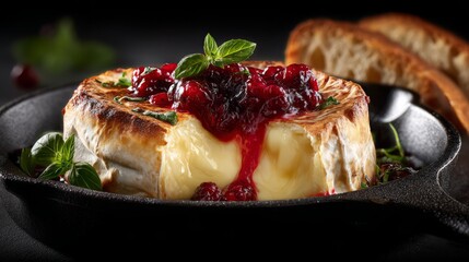 Delicious Baked Brie with Cranberry Sauce Served in a Cast Iron Skillet