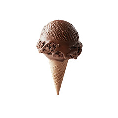 A single scoop of rich, dark chocolate ice cream, melting slightly, sits atop a crisp waffle cone against a black background