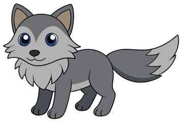 Cartoon Gray Wolf with Blue Eyes Standing with a Slight Smile, Simple Illustration