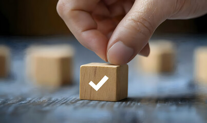 Wooden Cubes Checkmark Success Concept Business Strategy Planning Goals Achievement Checklist Task Complete Positive Feedback Hand Placing Block Important Decision Making Process Teamwork Project     