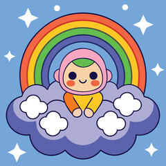 Cute Kid on Cloud Under Rainbow: A charming cartoon kid sits serenely on a fluffy cloud beneath a vibrant rainbow, set against a playful backdrop of stars.