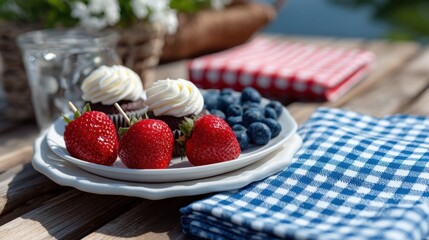 patriotic picnic display, decorated wooden picnic table with red, white, and blue desserts, cupcakes, fruit skewers, and festive napkins