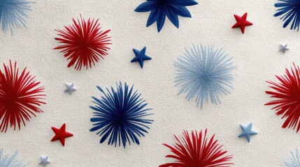 patriotic americana design, vintage americana style seamless pattern with hand-drawn stars, stripes, fireworks in red, white, and blue on a cream background