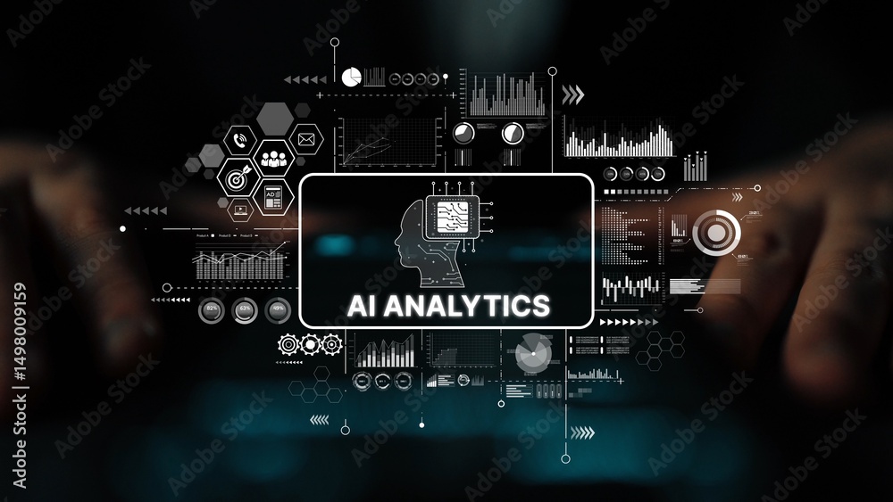 Poster Futuristic Interface Displaying AI Analytics and Data Visualization Concepts for Business Intelligence and Decision Making. Asymptotic smart data analytic.