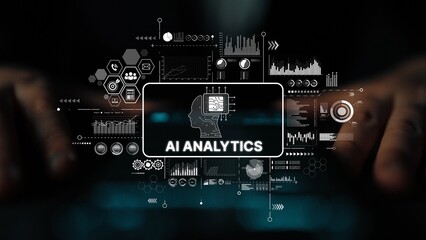 Futuristic Interface Displaying AI Analytics and Data Visualization Concepts for Business Intelligence and Decision Making. Asymptotic smart data analytic.