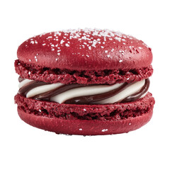 A close-up shot of a red velvet macaron sandwich cookie with a swirl of dark and light cream filling, sprinkled with coarse salt crystals on top