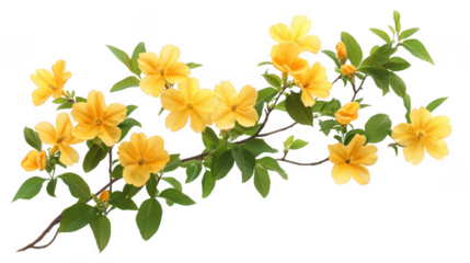 Elegant yellow flowers branch with green leaves PNG transparent background