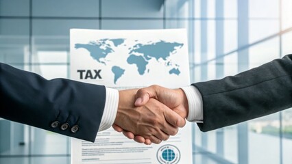 Tax, consulting and services concept. Handshake over a tax agreement in a modern office setting.