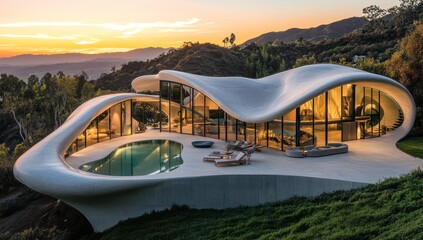 Modern, organic house at sunset