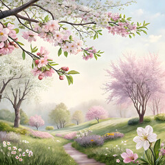 Naklejka premium A charming hand-drawn spring background featuring blooming flowers, fresh greenery, and soft pastel tones evokes a sense of renewal