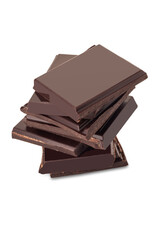 Stacked dark chocolate bar pieces isolated