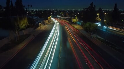 Night cityscape featuring traffic with long exposure trails and city lights.