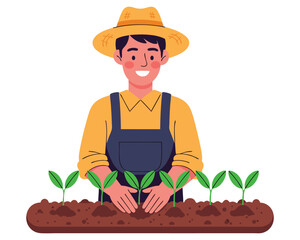 Cheerful Man in Hat Planting Seedlings in Soil - Vector Concept of Gardening and Agriculture