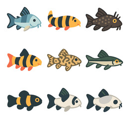 Aquatic life flat icons set. marine, fish, and underwater creature symbols