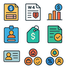 Business and finance flat icons set. accounting, monetary, and economic graphics