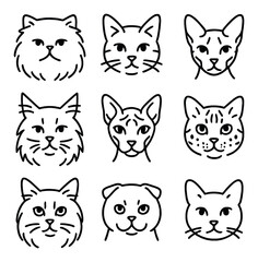 Cat faces linear icons set. pet, feline, and animal outline symbols for design