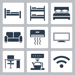 Room Types and Hotel Amenities Icon Set &ndash; Flat Vector Symbols for Travel and Hospitality