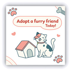 Adopt, don't shop! Creative square banner template. Naive illustration with young woman, who hugging her adopted dog with big heart on background. Flat style. Kawaii clip art with french bulldog.