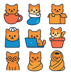 Cute cat flat icons set. feline, pet, and animal graphics for creative design