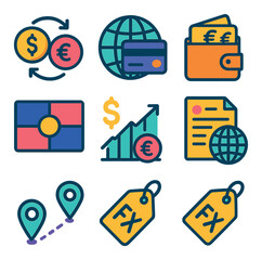 Finance and currency flat icons set. money, banking, and exchange symbols