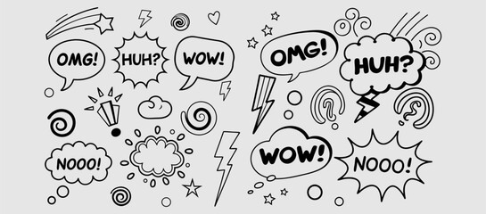 Comic boom cartoon effect line element set. Comic speech bubble pow, boom text, explosive splash smoke, wow cartoon vector icon. Hand drawn sketch doodle explosive element. Vector illustration. EPS.
