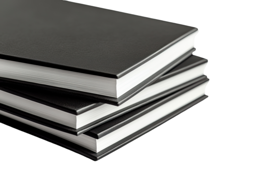 Three hardback books with black covers and white page edges are stacked neatly, showcasing a minimalist aesthetic.  The books appear new and are photographed against a dark background