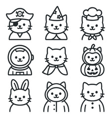 Cute animal costumes linear icons set. cartoon character and outfit symbols