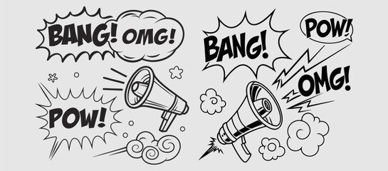 Comic boom cartoon effect line element set. Comic speech bubble pow, boom text, explosive splash smoke, wow cartoon vector icon. Hand drawn sketch doodle explosive element. Vector illustration. EPS.