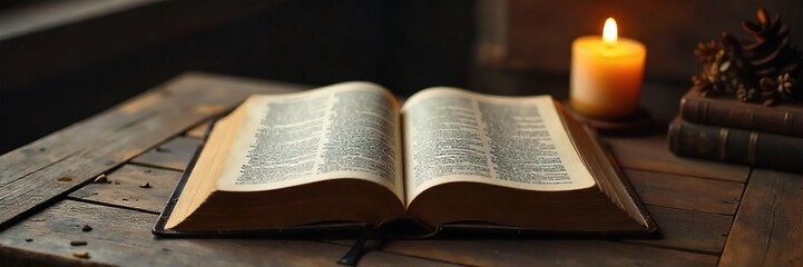 Fototapeta premium A well-worn Bible lies open on an old wooden table, surrounded by other books and a single burning candle, creating a peaceful, contemplative atmosphere , prayer, spirituality