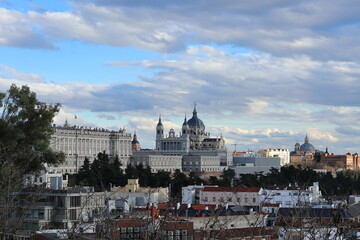 Beautiful view of the monuments of downtown Madrid, the Royal Palace and the Almudena Cathedral