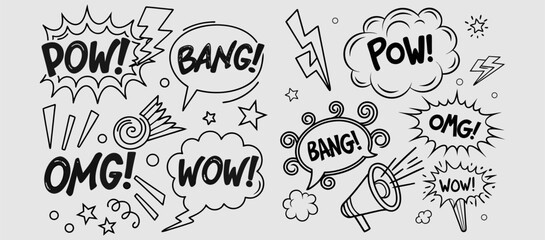 Comic boom cartoon effect line element set. Comic speech bubble pow, boom text, explosive splash smoke, wow cartoon vector icon. Hand drawn sketch doodle explosive element. Vector illustration. EPS. © Md