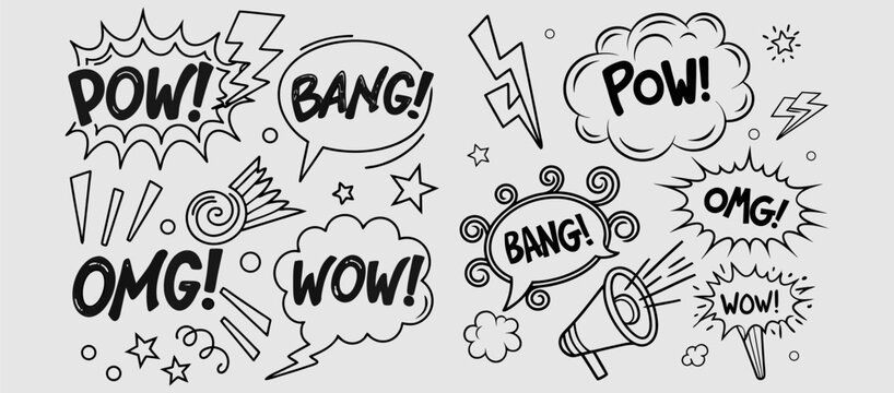 Comic boom cartoon effect line element set. Comic speech bubble pow, boom text, explosive splash smoke, wow cartoon vector icon. Hand drawn sketch doodle explosive element. Vector illustration. EPS.