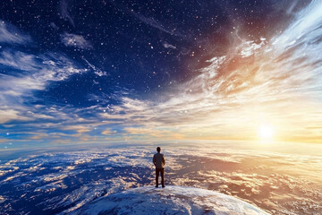 Fototapeta premium Surreal Cosmic Background with Human Silhouette