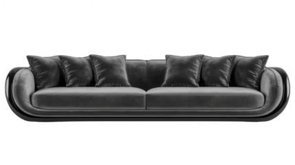 Elegant gray sofa with soft pillows on a PNG transparent background