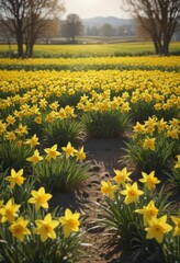Obraz premium Sunlit daffodil field, vibrant yellow blooms, spring countryside , countryside, wildflowers