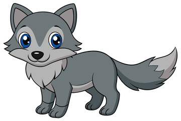 Cute Cartoon Gray Wolf Standing, Big Blue Eyes and Furry Tail Image