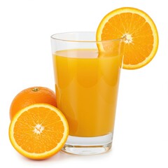 Orange juice in glass with fruit isolated on white background