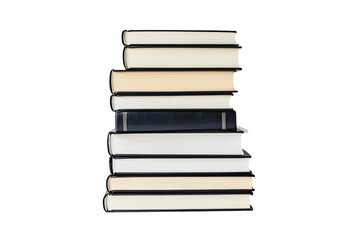 A neatly stacked pile of hardcover books, varying in color and thickness, predominantly cream, white, and dark-colored spines, set against a plain black background