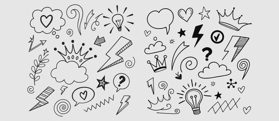 Obraz premium Line marker hand drawn brush arrow element set. Sketch pencil stroke vector graphic pen underline scribble icon. Hand drawn line heart, crown, star symbol highlight marker shape. Vector illustration.