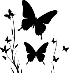 Graceful black butterfly silhouettes with botanical elements, ideal for elegant nature-themed designs, wall decals, and artistic decorations.