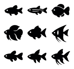 Naklejka premium Aquarium silhouette icons set. fish and aquatic life symbols