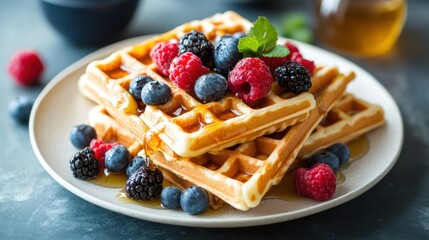 Stack of waffles topped with fresh berries and drizzled with sweet maple syrup