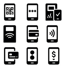 Mobile payment silhouette icons set. digital wallet and nfc transaction symbols