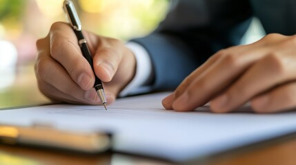 Businessperson signing an insurance contract in an office document signing professional environment close-up view business engagement