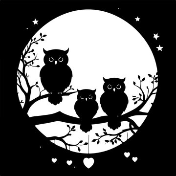 Charming owl family silhouette on a branch under a full moon, perfect for enchanting wall art, nursery decor, and nature-inspired crafts.
