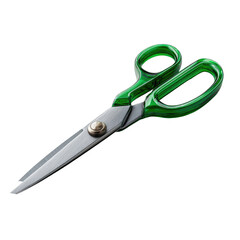 A pair of sharp shears with bright green plastic handles and a long, pointed blade, isolated on a black background